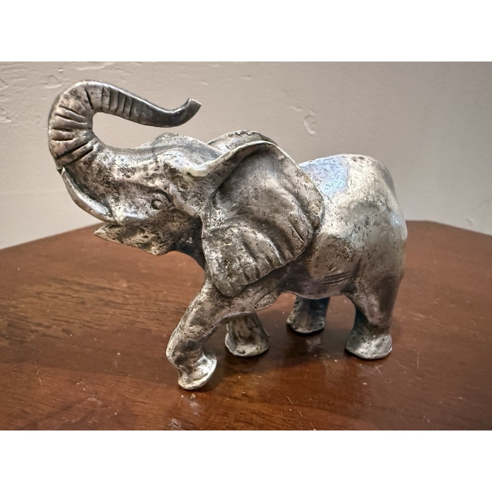 Vintage 1993 PG Elephant Figurine Pewter Style Silver Trunk Up Lucky Status 4"